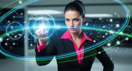 Businesswoman pressing high tech type of modern buttons on a virtual backgroundの素材