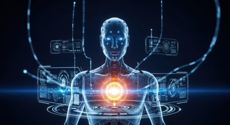 Robot humanoid on dark blue background touching hologram screen 3D renderingの素材