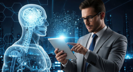 Side view of young businessman using digital tablet and brain hologram. Toned image double exposureの素材