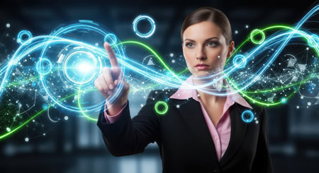 Businesswoman on blurred background touching digital network hologram 3D renderingの素材