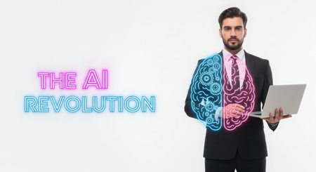 technology, internet and networking concept - businessman with laptop computer and brain over white backgroundの素材