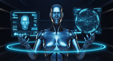 Robot humanoid with glowing hologram screen 3D rendering on dark backgroundの素材