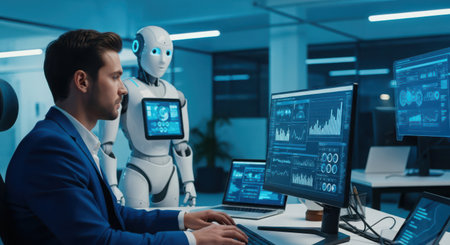 Young man and robot working on computers in modern office. Concept of artificial intelligence.の素材