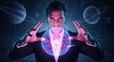 Portrait of young businessman in suit holding hologram of planet Earth in handsの素材