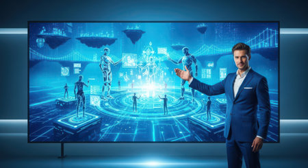 Businessman touching hologram screen with virtual projection of modern technology conceptの素材