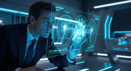 businessman working with modern computer and virtual projection screen. 3d renderingの素材