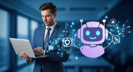 Businessman using laptop in modern office with hologram robot head iconの素材