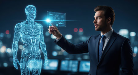 Businessman touching hologram of human body against night cityscape backgroundの素材