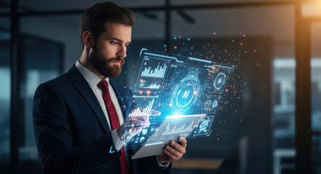 Businessman using tablet with digital business hologram. 3D renderingの素材