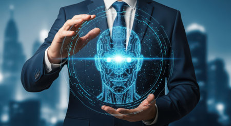 Businessman holding artificial intelligence hologram over cityscape background 3D renderingの素材