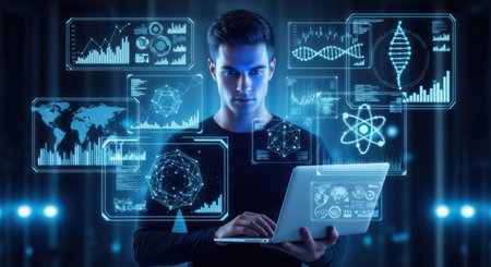 Young man using laptop with hologram interface on dark background. Mixed mediaの素材