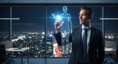 Businessman touching hologram of human body against night cityscape backgroundの素材
