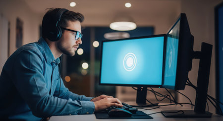 Young man in headphones working on a computer late at night in the officeの素材