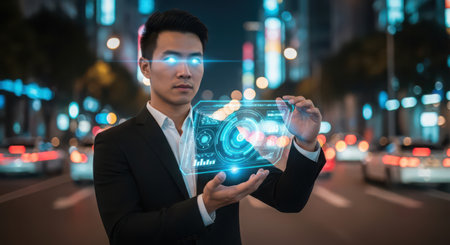 Businessman using augmented reality interface in the city at night 3D renderingの素材