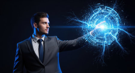 Businessman pressing high tech type of modern buttons on a virtual backgroundの素材