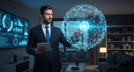 Businessman using tablet in modern office with glowing sphere hologram. 3D renderingの素材