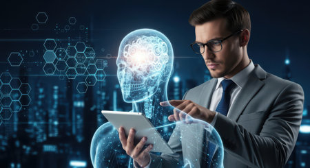 Businessman using digital tablet with brain hologram over night city backgroundの素材