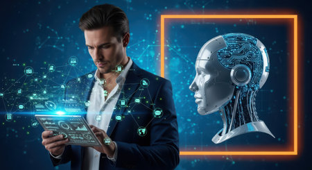 Man using tablet with artificial intelligence hologram on blue background 3D renderingの素材