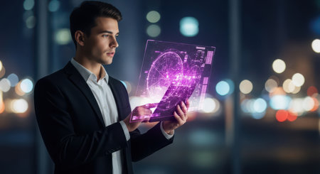 Handsome businessman using tablet pc against night cityscape 3D renderingの素材