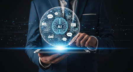Businessman holding a tablet with artificial intelligence concept. 3D renderingの素材