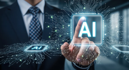 Businessman on blurred background using AI artificial intelligence interface 3D renderingの素材