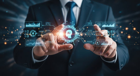 Businessman pressing high tech type of modern buttons on a virtual backgroundの素材