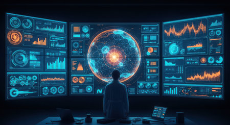 Back view of young businessman sitting at table in modern office and looking at hologram screens. Research concept. Double exposureの素材