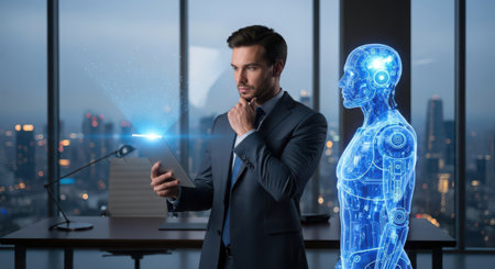 businessman with tablet pc and artificial intelligence hologram over office backgroundの素材