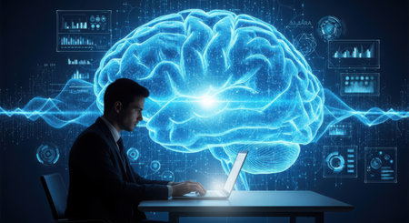 Side view of businessman working on laptop with glowing brain hologram. Artificial intelligence conceptの素材
