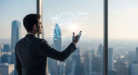 Back view of businessman working with virtual projection of brain against cityscape backgroundの素材