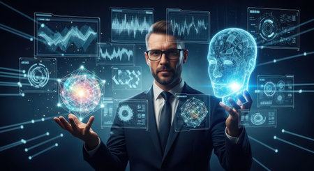 Businessman in dark suit and eyeglasses touching hologram projection of human head with finger. Concept of artificial intelligence. Toned image double exposureの素材
