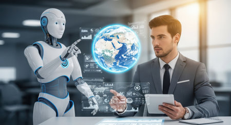 Future technology and AI concept. 3D rendering robot and humanoid working together in officeの素材