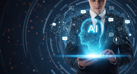 Businessman holding tablet with artificial intelligence concept. 3D Renderingの素材