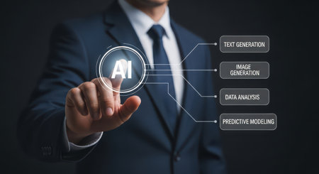 Businessman in suit touching virtual panel with artificial intelligence (AI) textの素材