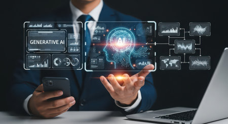 Businessman using digital interface of artificial intelligence (AI), artificial intelligence and machine learning concept.の素材