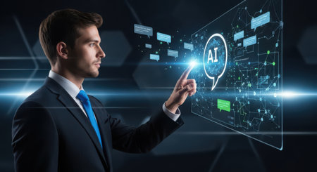 Businessman pressing high tech type of modern buttons on a virtual backgroundの素材