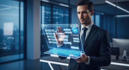 Businessman using a futuristic interface in office. 3D Renderingの素材