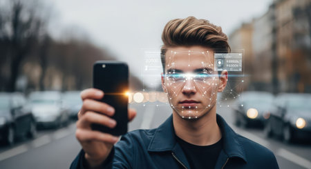 double exposure of young man with virtual reality glasses and smartphone on city streetの素材