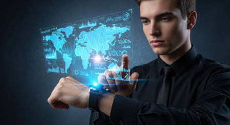 Businessman touching hologram screen. Internet and technology concept. 3D Renderingの素材