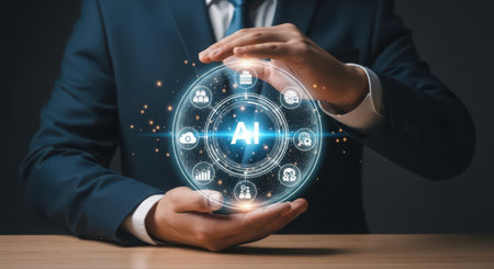 Businessman holding 4k icon in his hand. 3D renderingの素材