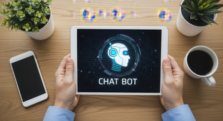 Chatbot application on device screen. Internet and technology concept. Virtual assistant.の素材