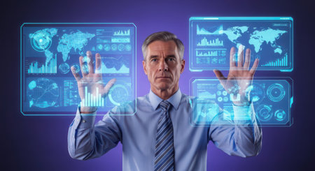 Businessman pressing high tech type of modern buttons on a virtual backgroundの素材