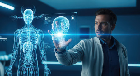 Handsome businessman touching digital x-ray image of human bodyの素材