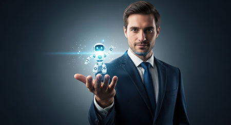 Businessman holding hologram robot on his hand. 3D renderingの素材