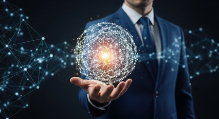 Businessman on blurred background holding digital sphere with connection lines 3D renderingの素材