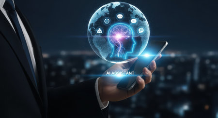 Businessman on blurred background using digital artificial intelligence interface 3D renderingの素材