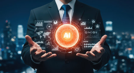 Businessman on blurred background using digital artificial intelligence interface 3D renderingの素材