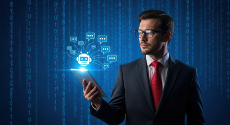 Cyber security concept with businessman using tablet computer and binary code backgroundの素材