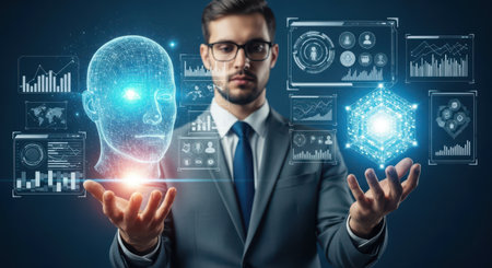 Concept of artificial intelligence with man holding brain hologram in his handsの素材