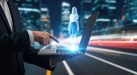 Businesswoman using laptop with holographic female figure over city background 3D renderingの素材